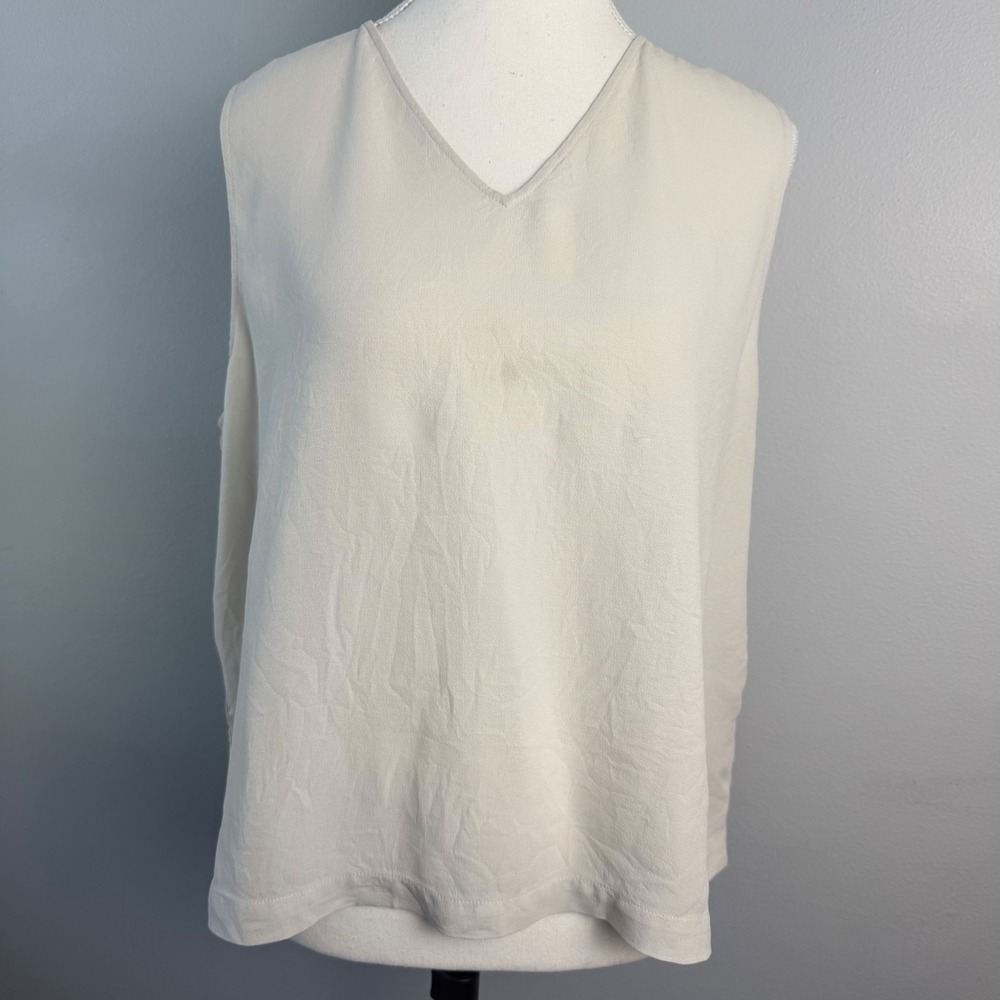 Eileen Fisher 100% Silk V-Neck Tank Top Bone Off White Large Minimalist Basics